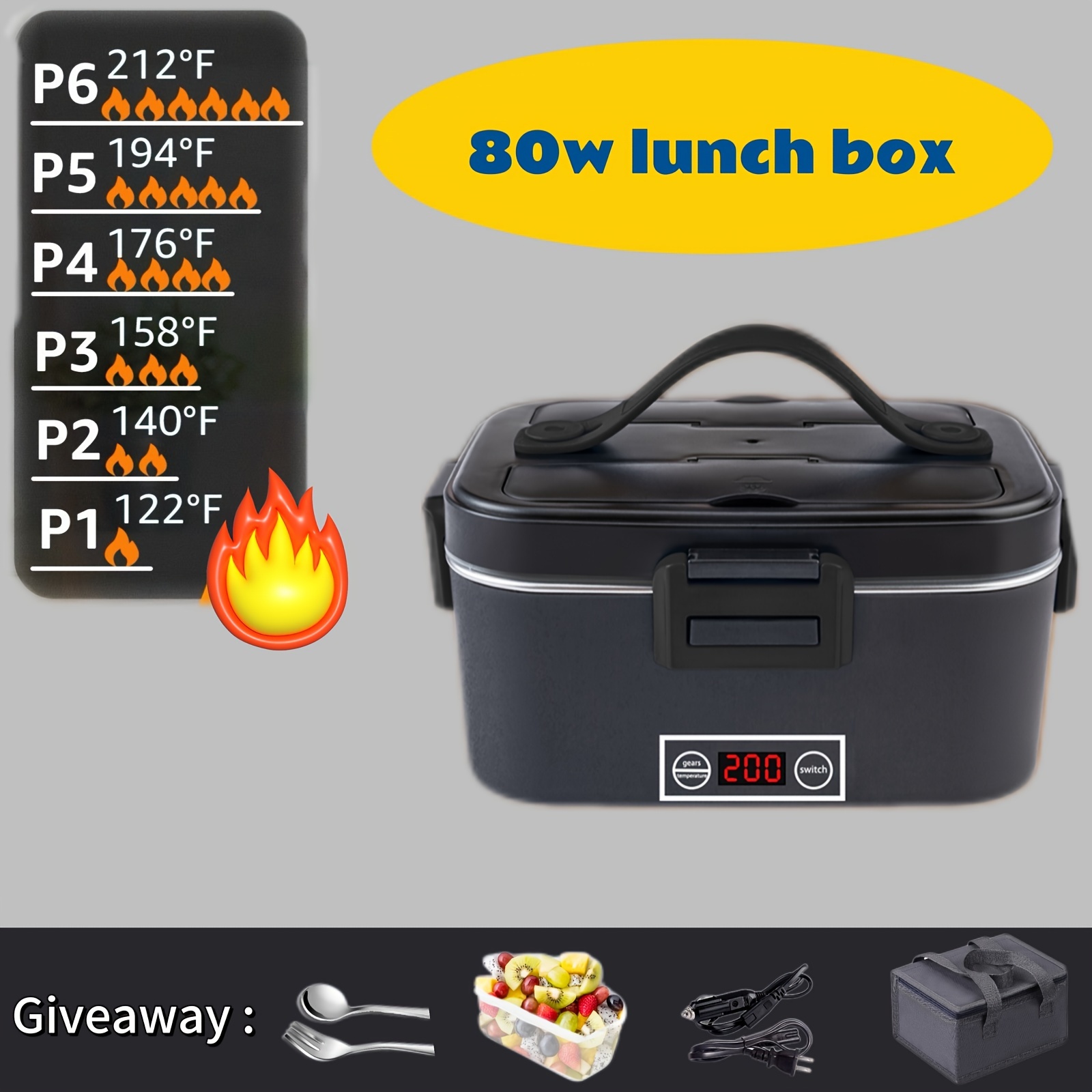 

80w Adult Electric Lunch Box, 1.8l Lunch Box With Temperature Display, Food Warmer Lunch Box Stainless Steel Container And Bag, 12v/24v/110v For Car/truck/job