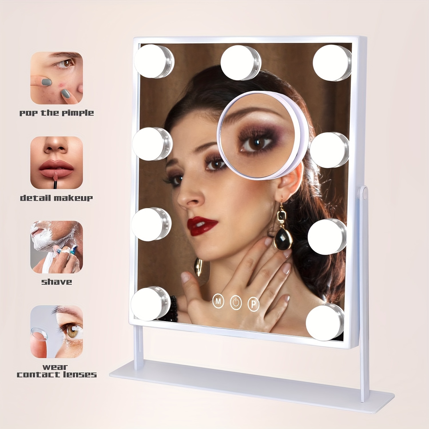 

Mirror 12-light, 9-light With 5x Magnifier Lighted Makeup Mirror With 3 Colour Lighting And 9/12 Dimmable Bulbs, Detachable, Controls, , White