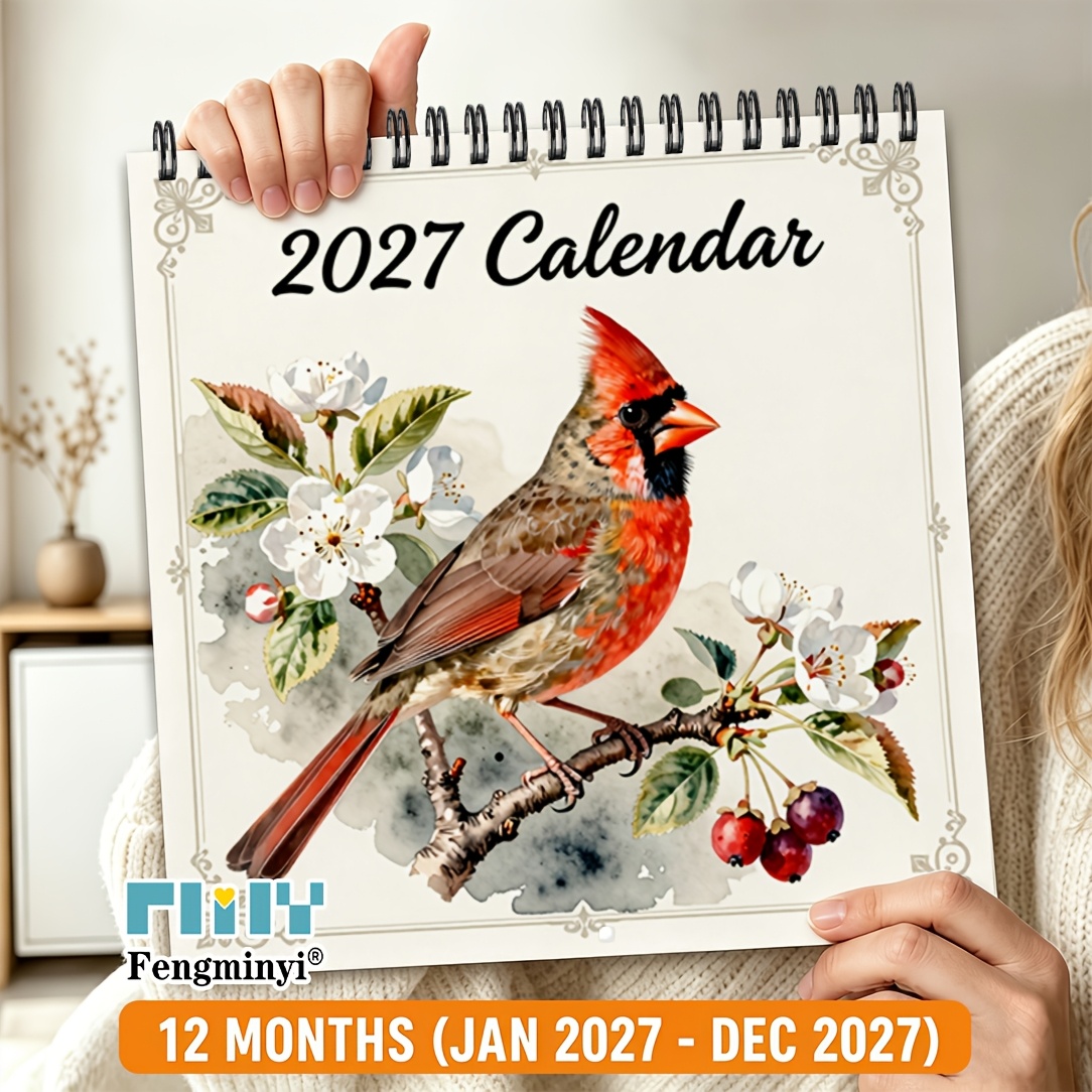 TEMU 2d Flat 1pc 2027 Wall Calendar, 12-month Hanging 8.3x8.3 Inch Square Vintage Watercolor Bird Art Calendar, Large Write-on Area, Includes U.s.