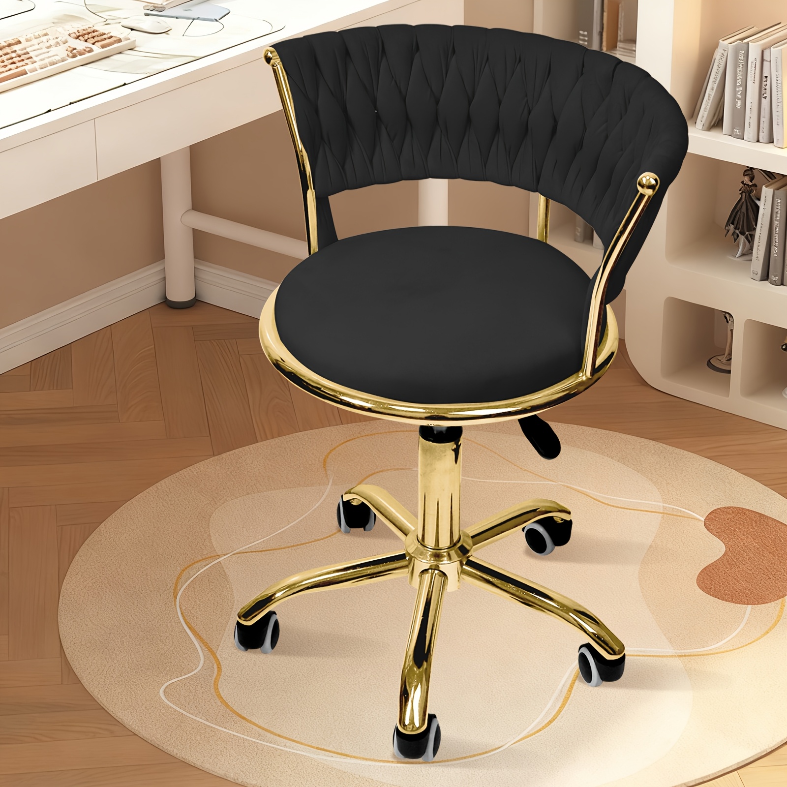 TEMU Taburete de Oficina Giratorio de Terciopelo - Taburete Ajustable de Fácil Limpieza (63-76 cm) con Respaldo y Base de Metal Dorado, para Oficina
