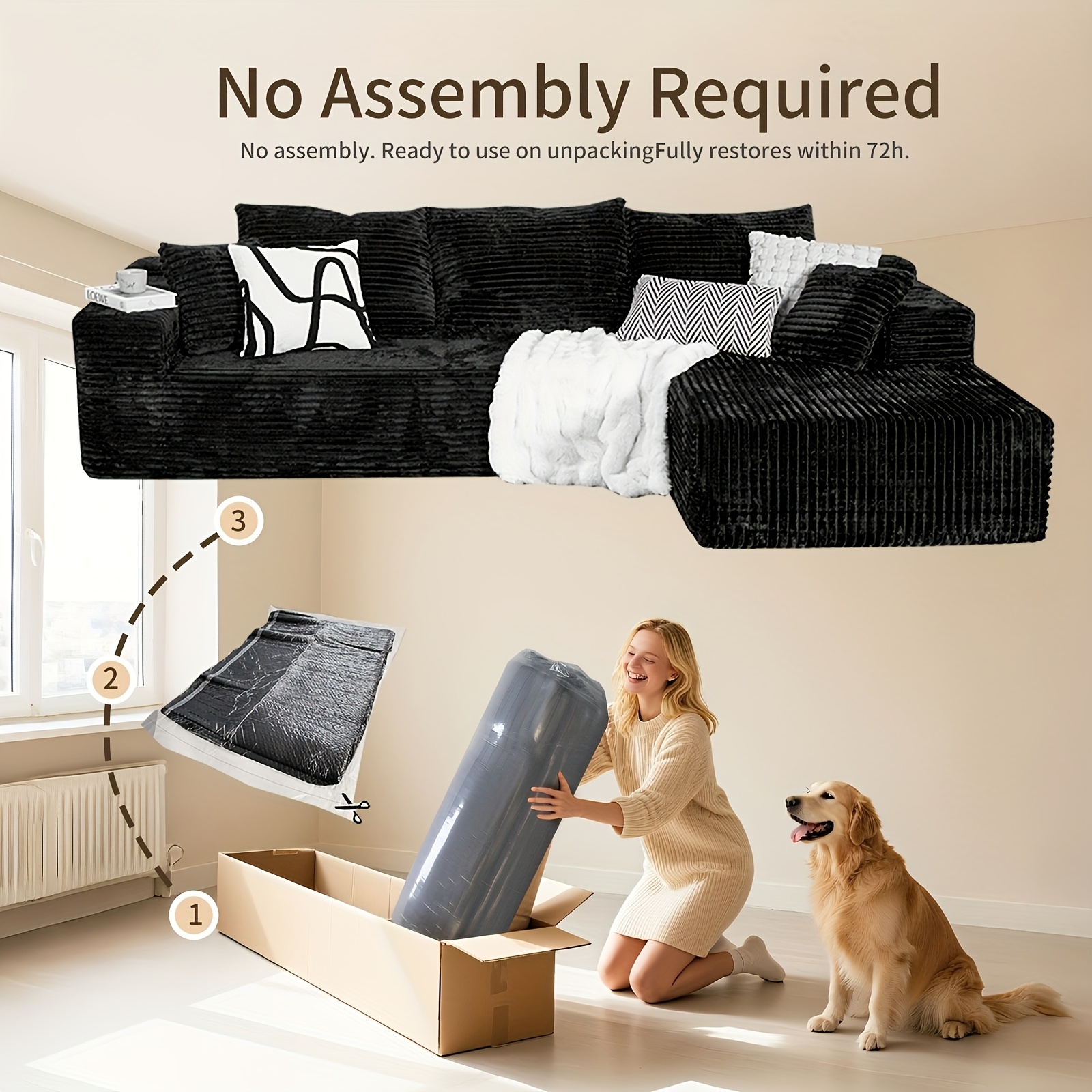 Extra Large L-Shaped Sofa with Right-Side Chaise | Minimalist Compressed Frame, No Assembly Required, Modular Cloud Combination, Suitable for Living Room & Bedroom, Plush Corduroy Fabric