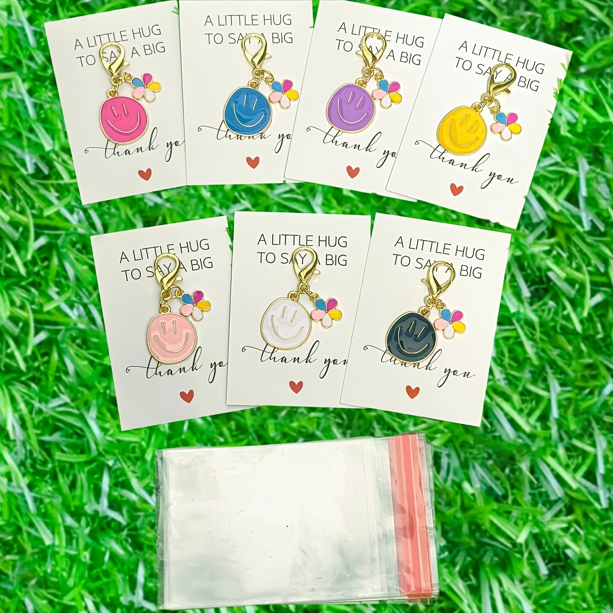 TEMU 21pcs (7pcs Keychains And 7pcs Cards And 7pcs Card Bags) Cute Cartoon Happy Face And Colorful Flower Keychains Set, With Thank You Hug Cards,