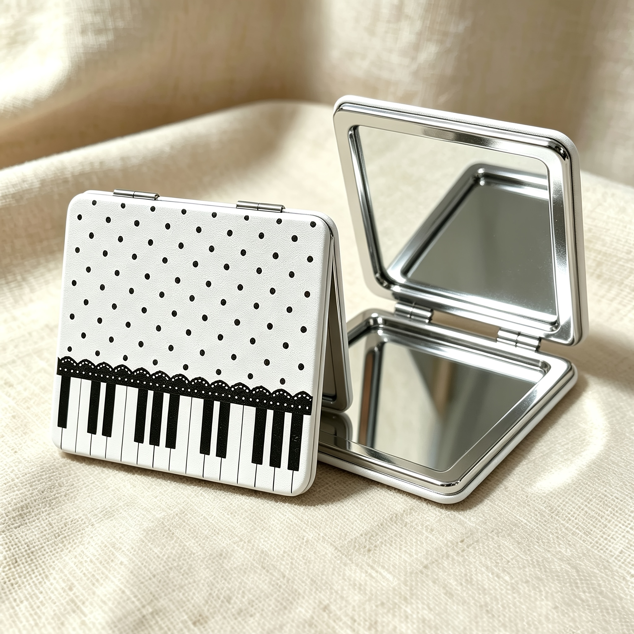 TEMU Vintage Polka Dot Piano Keyboard Mirror - Double-sided Mirror Suitable For Women &, Mini Compact Makeup Mirror With Piano , Portable For