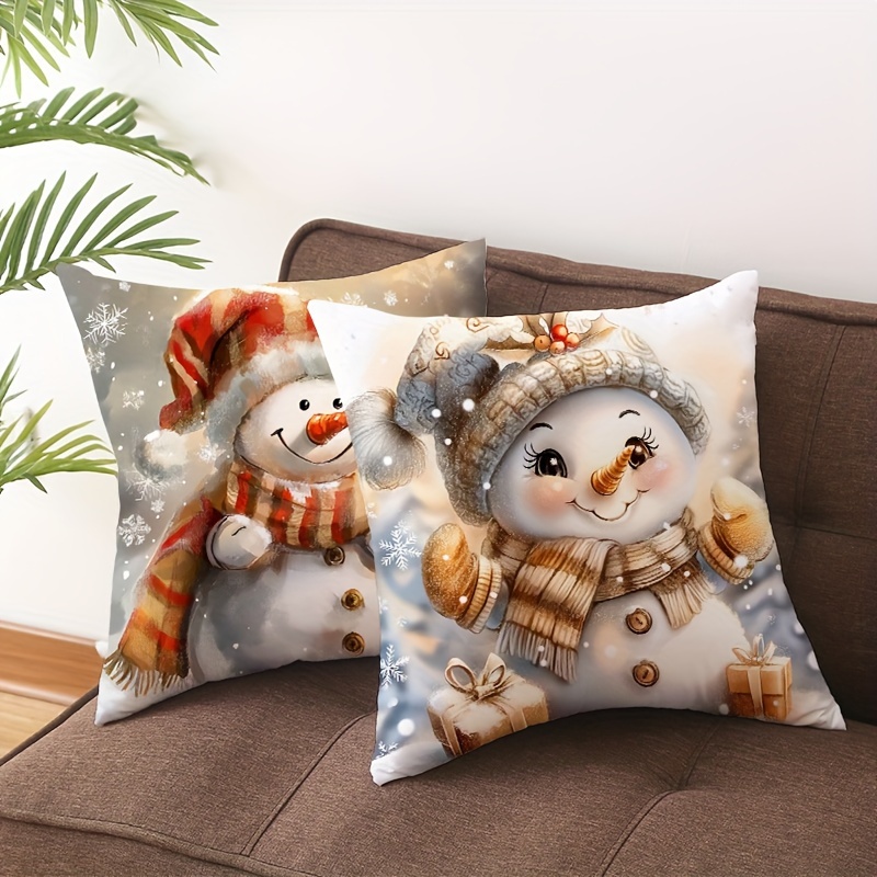 

4pc Merry Christmas Pillowcases, Cute Snowman Design, 18x18 Inches, Polyester, Single-sided Print, Zip Closure, Machine Washable, Ideal For Living Room & Bedroom Decor (pillow Inserts Not Included)