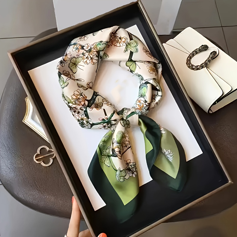Ladies 100% Scarf - Elegant Square Collar Soft Breathable Print Green/white Tones - Light Sunscreen Windproof Multifunctional Hair Additions Gift - Hand Washable Durable Non-elastic Fashion Additions