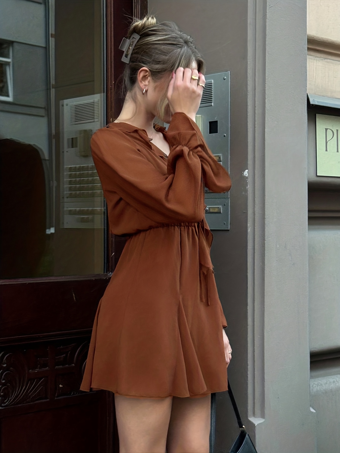 womens long sleeve brown dress PRETTYGARDEN Womens Long Sleeve Mini Dress Fall Crewneck Ribbed Knit S