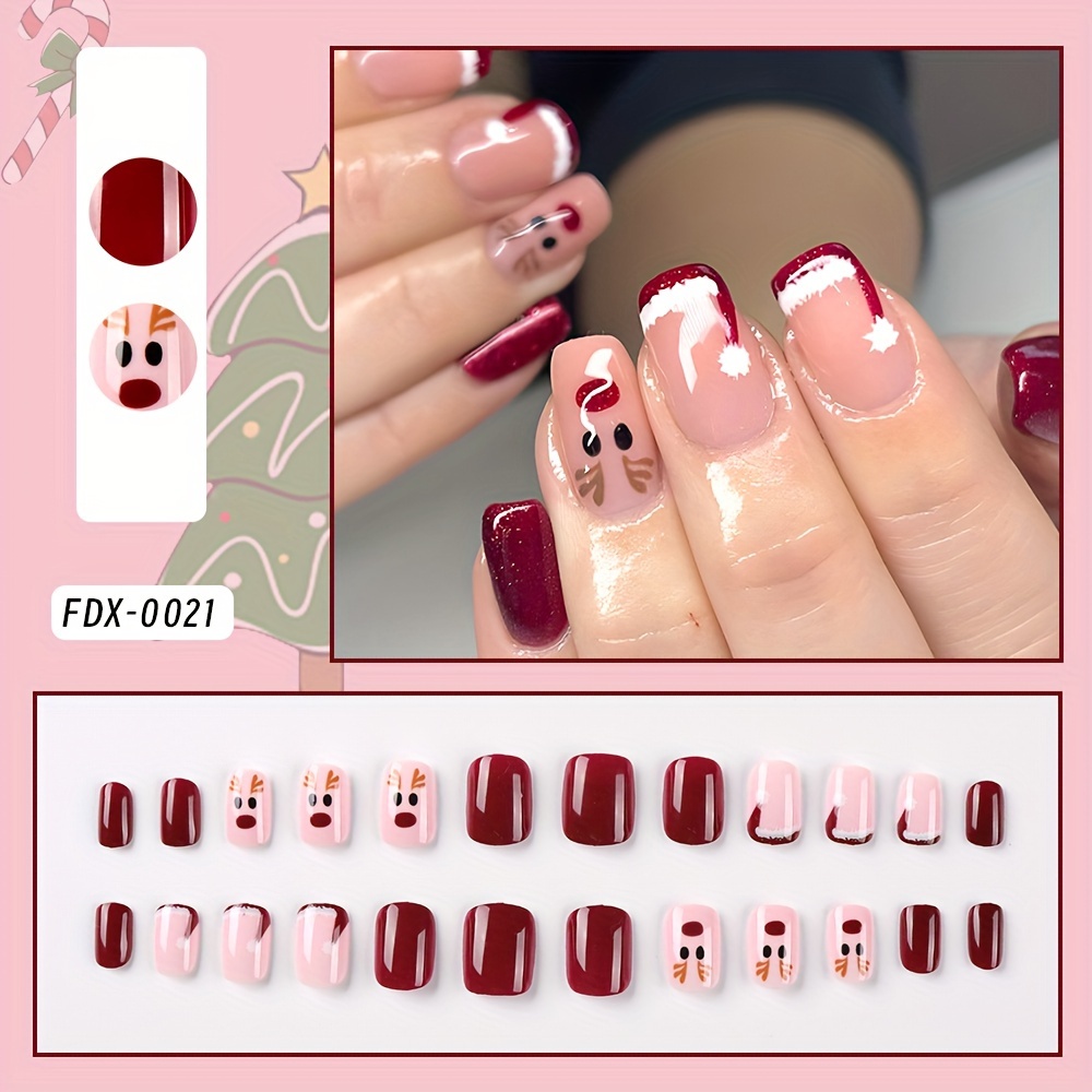 

24pcs Christmas Press-on Nails Set, Mixed Red Tones With Santa & Reindeer Designs, Short Square Tips, Cartoon Patterned Full Cover False Nails, For Women, Nail Art Decoration