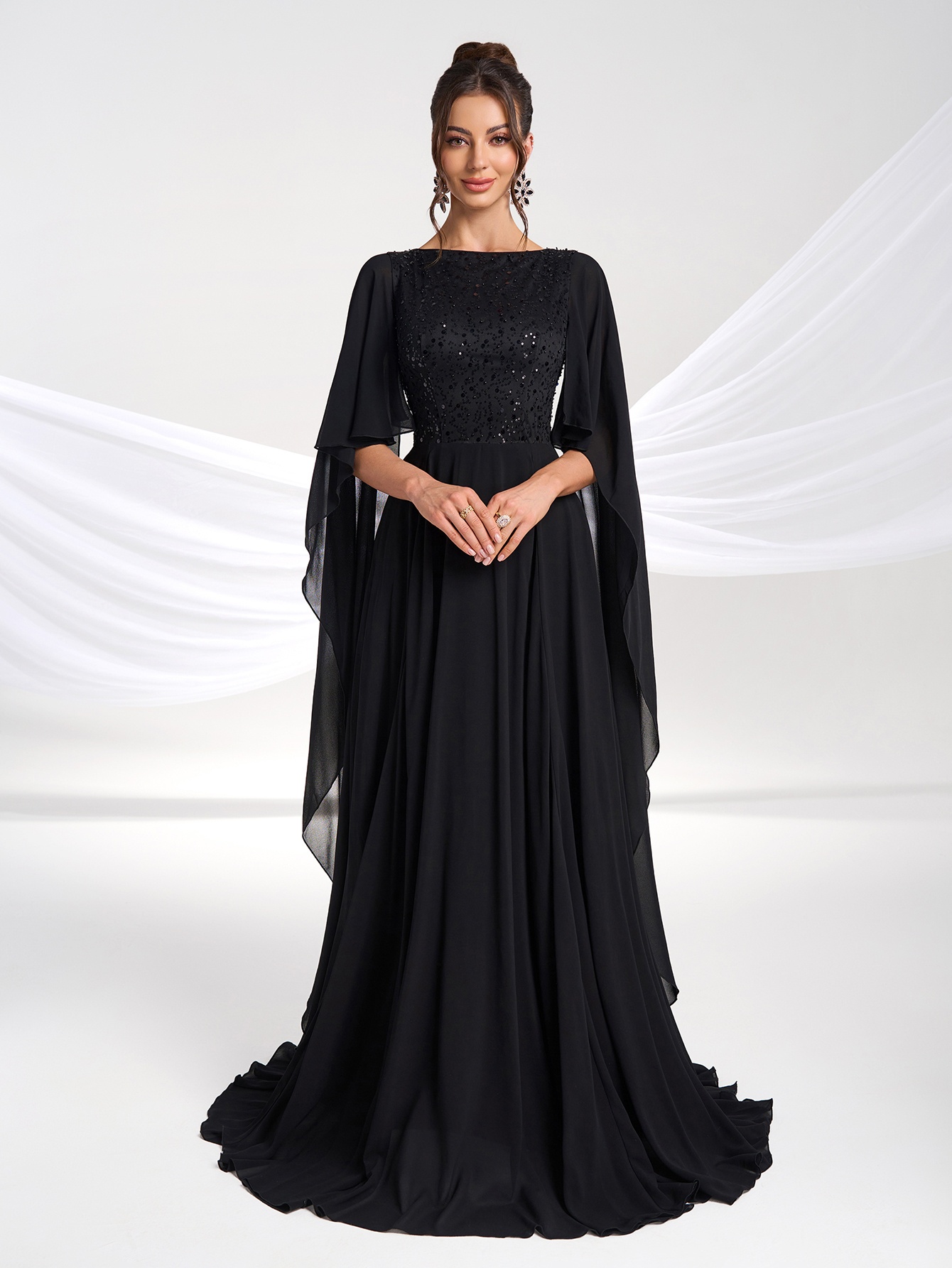 Elegant Sequin & Chiffon Evening Gown - Fitted Banquet Dress with Irregular  Sleeves, Round Neck Sparkling Formal Wedding Dress Suitable for * * Award  Ceremonies