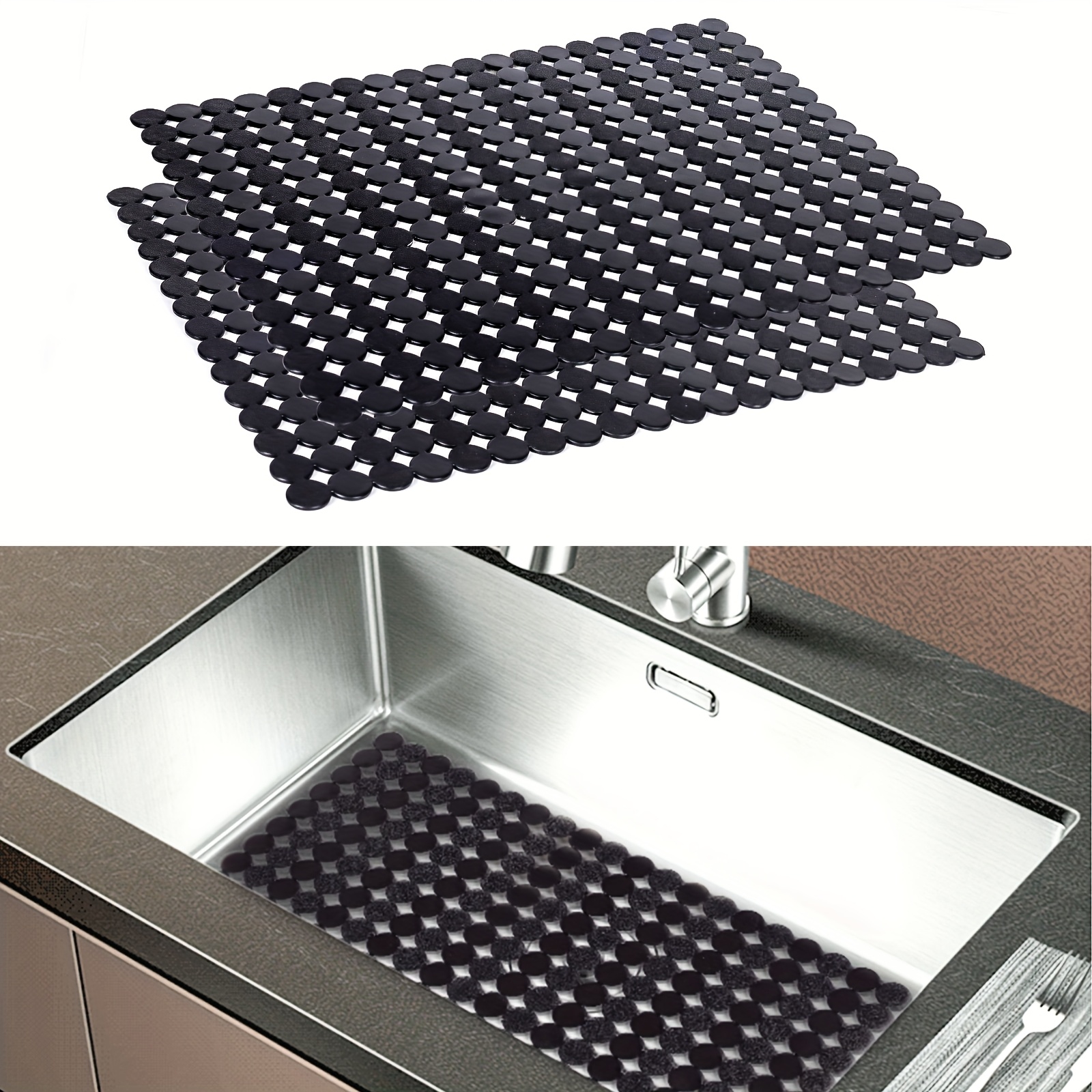 

2pcs Quick-drain Kitchen Sink Mats - Polka , Protects Stainless Steel & Ceramic Sinks, Black