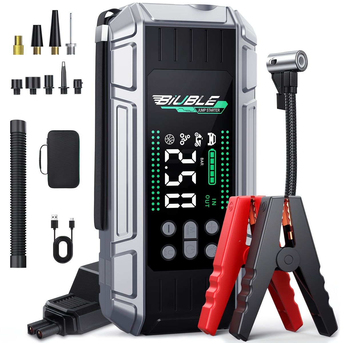TEMU Biuble X7 10000a Portable Car Battery Starter Air Compressor 150psi Tire Inflator, 24800mah Power Bank, Pd 65w Fast Charge, Flash Led Light And