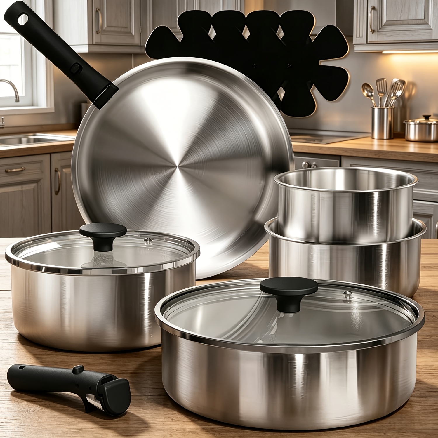 Image of 13pcs Stainless Steel Cookware Set With Detachable Handle, Induction Compatible, Oven Safe & Rv Camping Ready, Nonstick Kitchen Pots And Pans Set For Home, Rv, Camping And Small Space Cooking