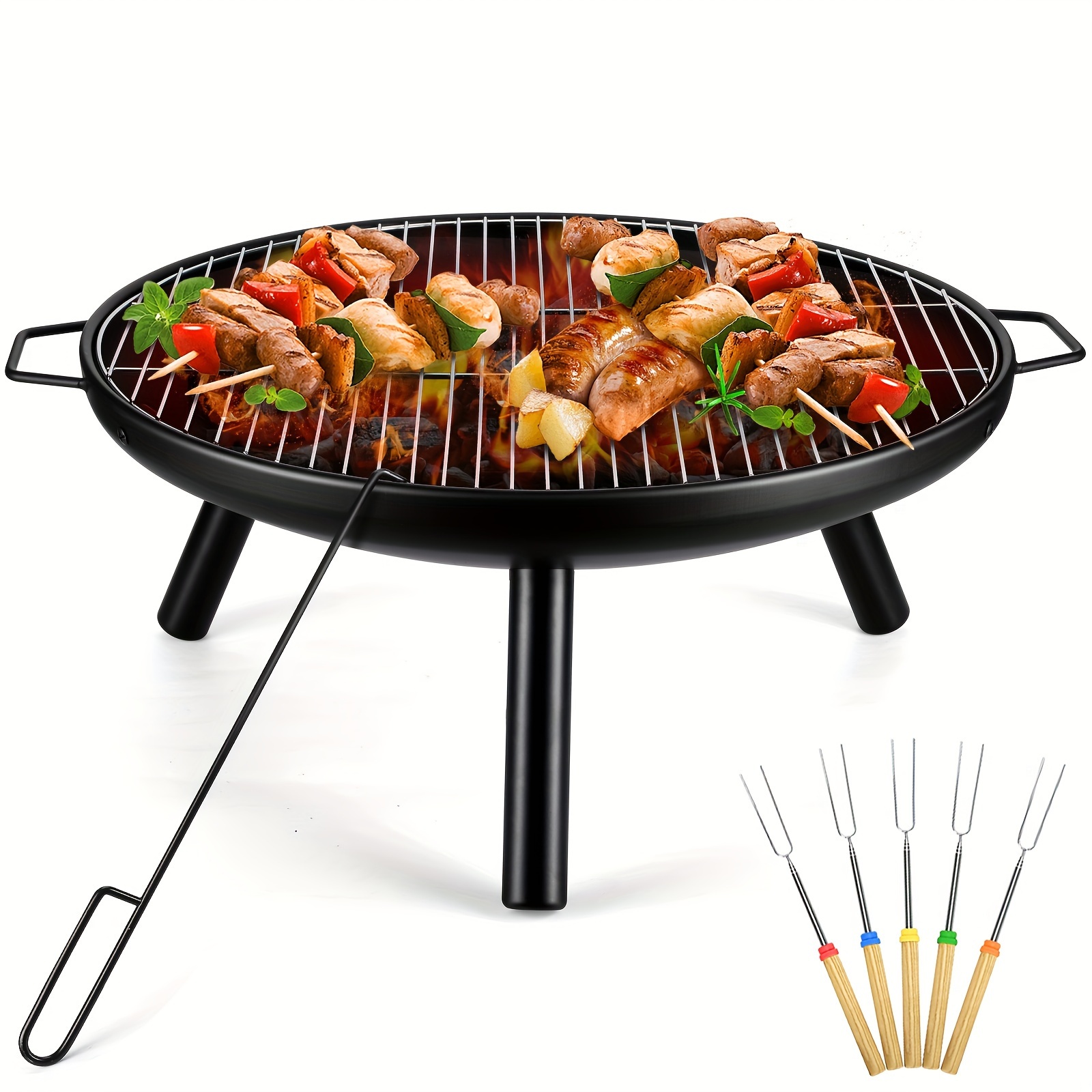 

Steel Fire Bowl With Grill And 5 Bbq Skewers - Versatile Outdoor Fire Pit For Bbq, Camping, And Garden Picnics - Charcoal And Wood Burner