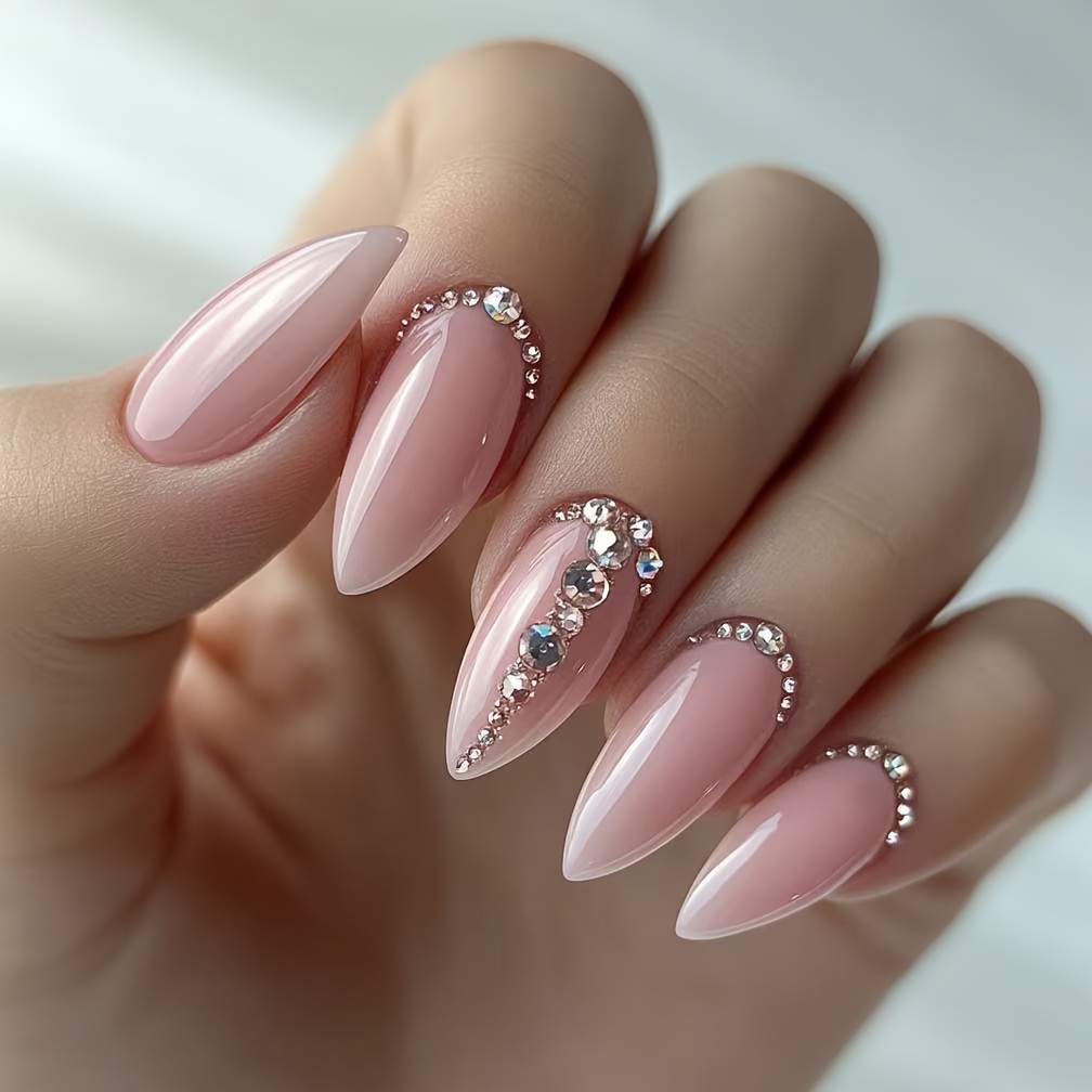 Image of Y2k 24pcs Apricot Pink Small Diamond False Nails Hot Fireworks Luminous Temperament Fashion High-end Versatile White Wearing Nails Daily Commuting Essential Nail Art
