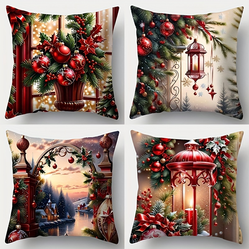 

Festive Christmas Throw Pillow Covers - 4 Pieces, 17.7" X 17.7", Single-sided Printing, Contemporary Style, Hand Wash Only, Zipper Closure, Polyester Cover, Suitable For Living Room Decor