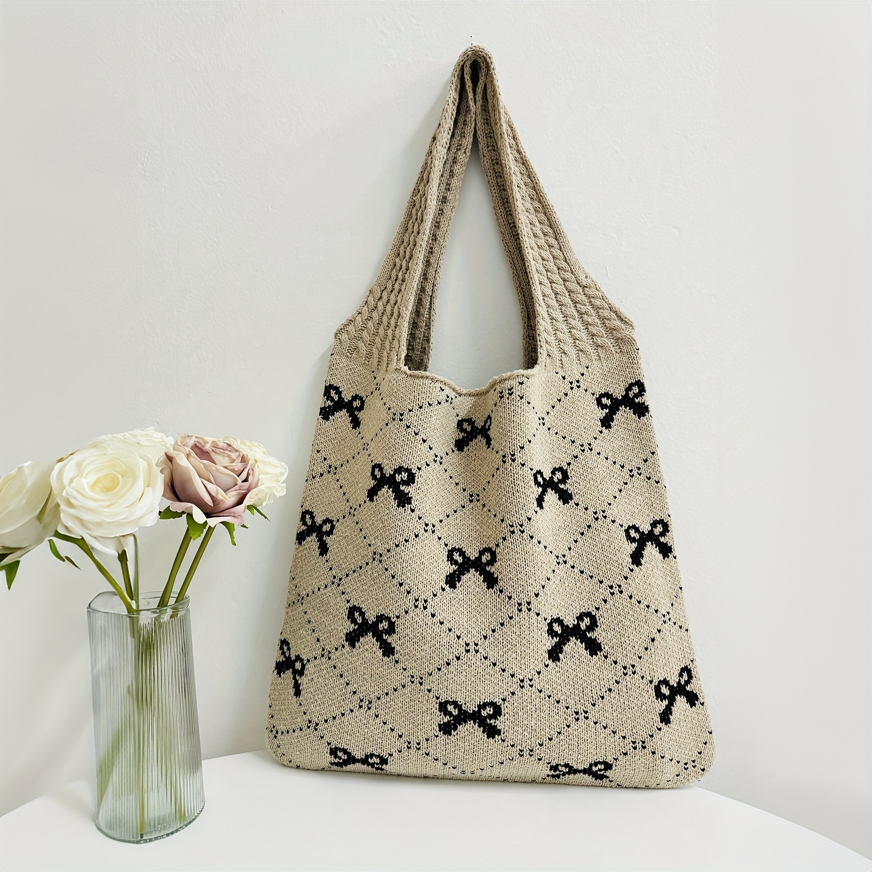 sweet bowknot pattern tote bag cute crochet shoulder bag - Temu