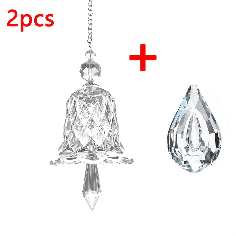 Image of 2pcs Crystal Bell Wind Chime Window Hanging Decoration Set, Transparent Crystal Material Sun Catcher Pendant, Light Can , Exquisite Bell Shape, Suitable For Window And Balcony Hanging Decoration