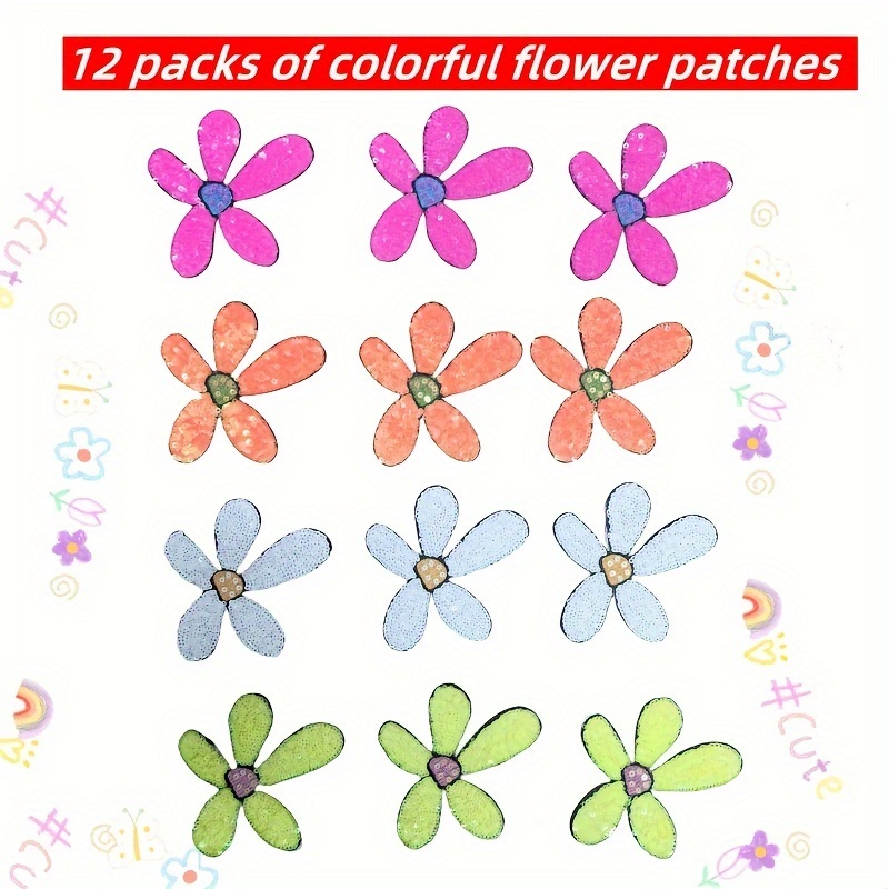 Image of A Set Of 12 Fashionable Colorful Sequin Flower Embroidery Fabric Patches For Clothing Decoration