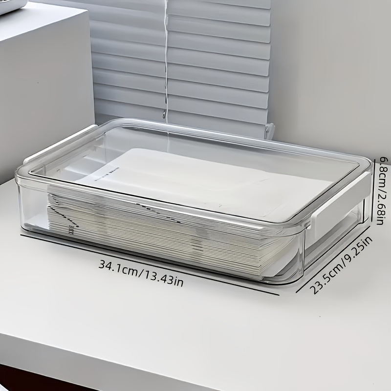 TEMU Transparent File Box With Lid, Shallow Desktop Document Organizer, Flat Dust-proof A4 File Basket, Home Receipt Certificate Storage Box, Office