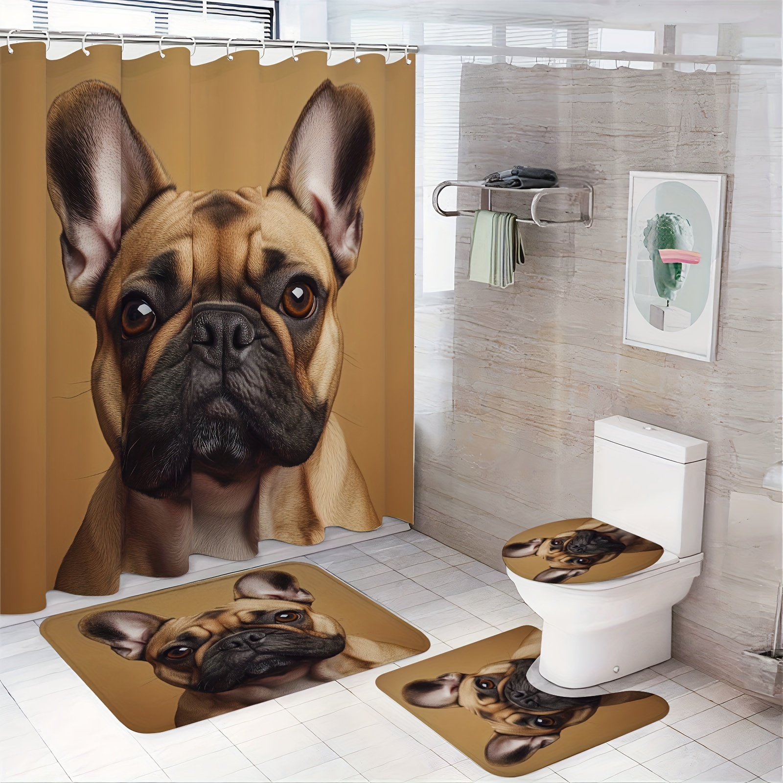 

Adorable Bulldog-themed Bathroom Set - 1/3/4pcs Includes Shower Curtain & Non-slip Mats, Stain-resistant Polyester, Machine Washable