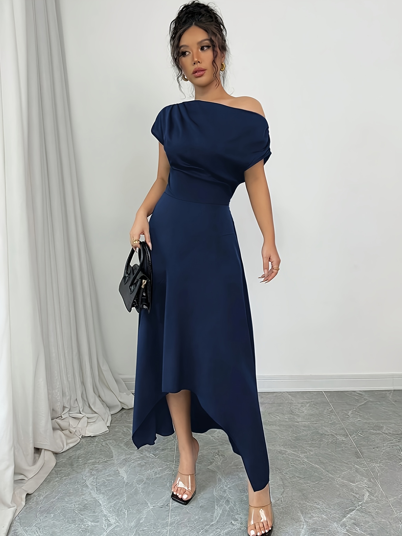 womens elegant asymmetric one shoulder long dress fit Temu Mauritius