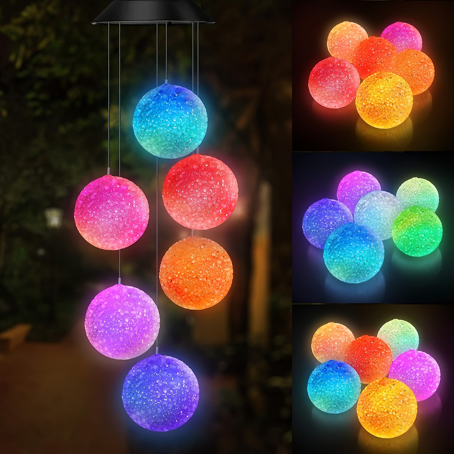 TEMU Solar Wind Chimes, Rice Ball Color-changing Ball Wind Chimes, Led Decorative Pendants, Ip44 Gifts For Mom And Grandma, Outdoor Solar Light