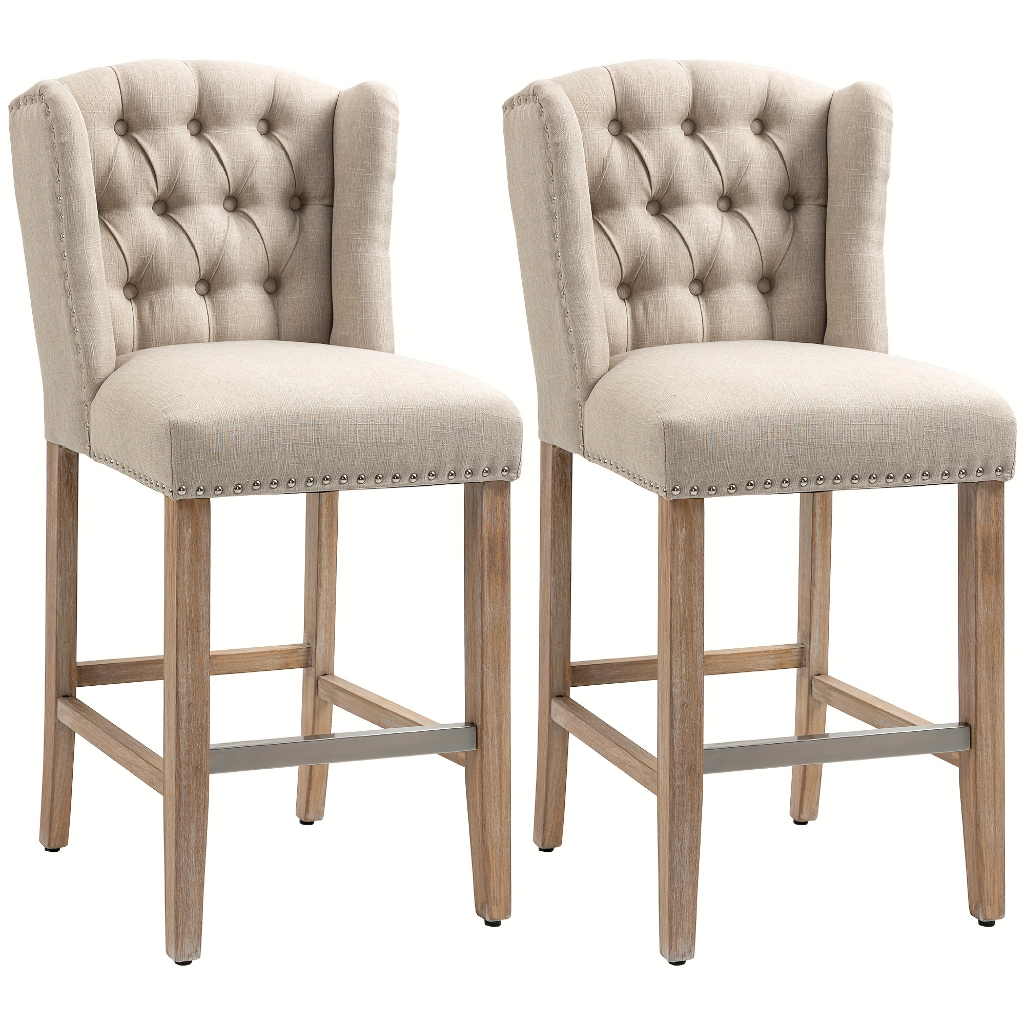 

Homcom Counter Height Bar Stools Set Of 2, 27" Seat Height Upholstered Barstools, Farmhouse Kitchen Island Stools With Nailhead-trim, Tufted Back And Wooden Legs, Beige