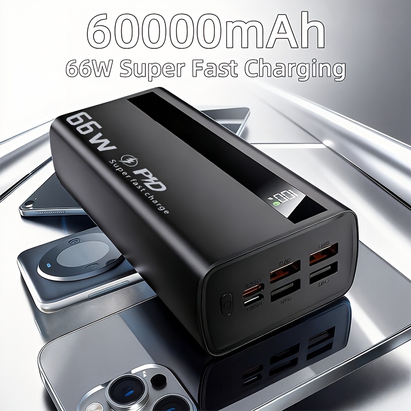 TEMU 60000mah Portable Power Bank, 66w Super Fast Charging Battery Pack, 5 Device Charging, High Capacity Portable Charger Compatible With Ios And ,