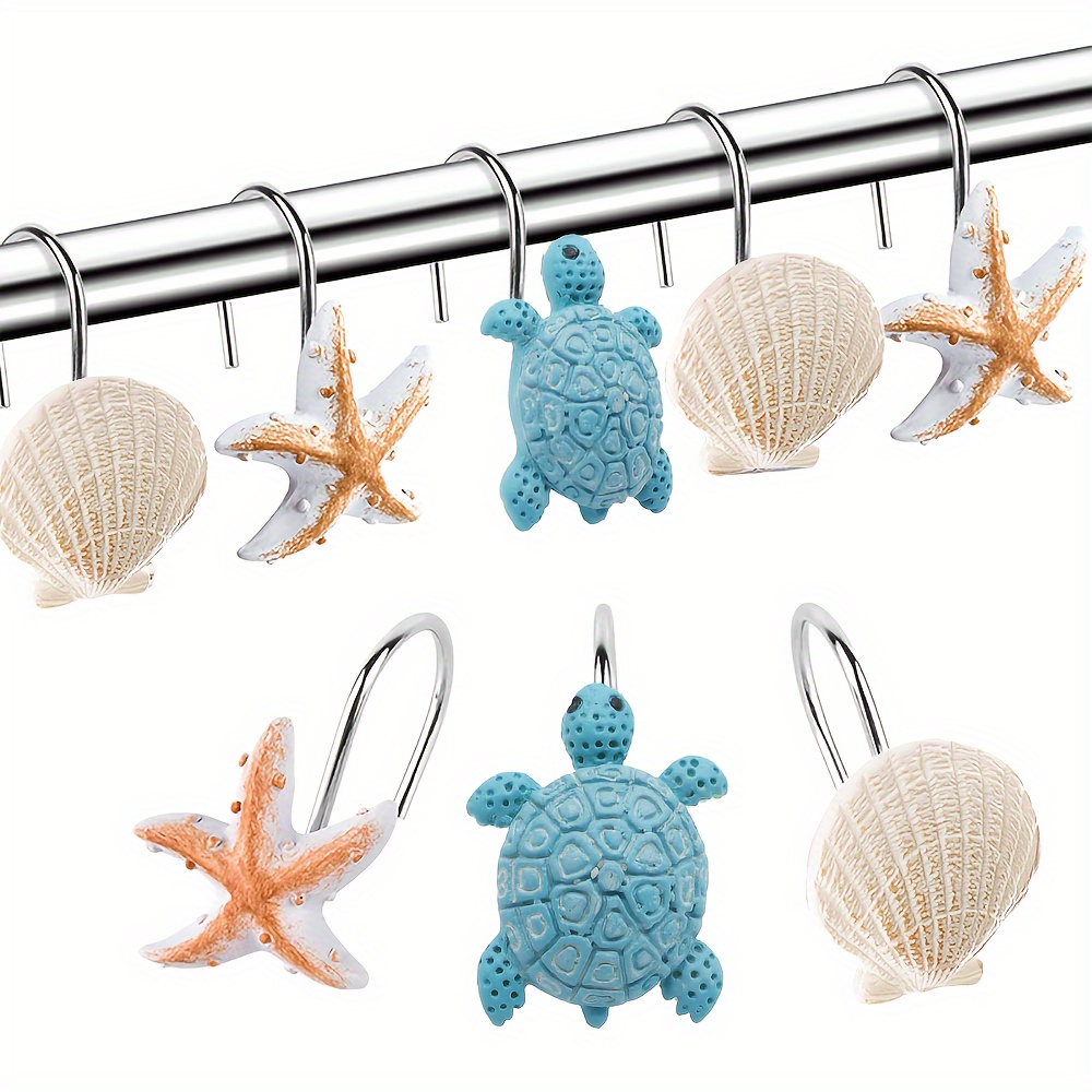 TEMU 12pcs Fashionable Cute Cartoon Animal Ocean Animal Resin Decorative Shower Curtain Hooks - Turtle, Starfish, Shell