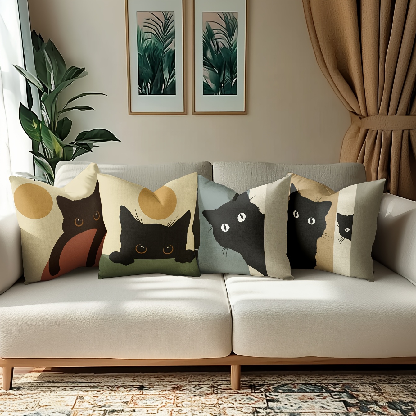 TEMU 4 Fundas de Almohada Encantadoras para Gatos Negros - Estilo Contemporáneo, Lavables a Máquina, con Cremallera 15.7"x15.7" & 17.7"x17.7",