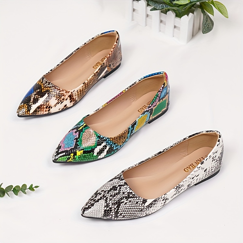 

Women's Snakeskin Print Flats, Fashion Soft Sole Pointed Toe Shoes, All-match Comfy Slip On Flats