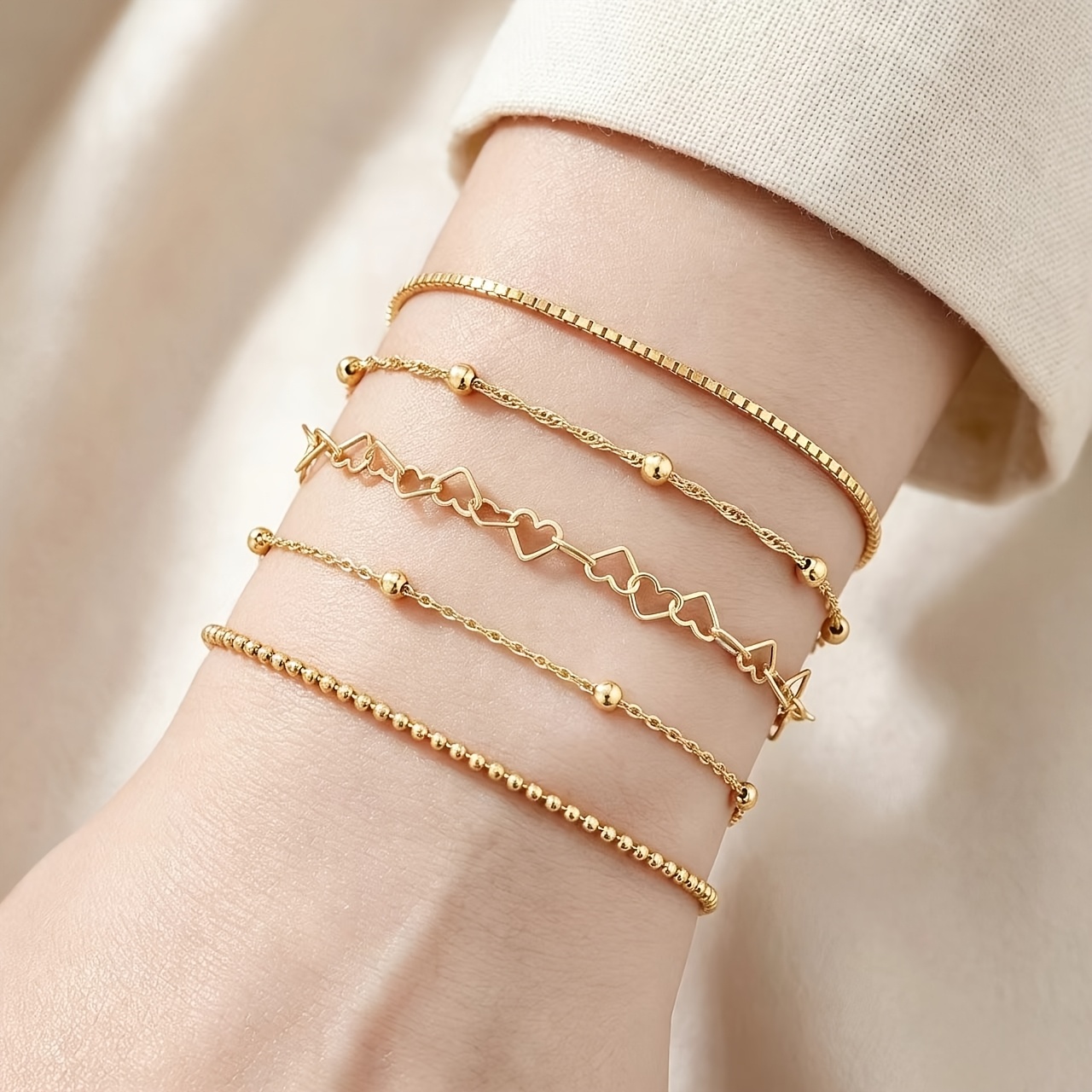 TEMU 5pcs Multi-style Chain Bracelet Set, Golden And Silvery 2 Colors Available, Versatile And Individual, Unisex Bracelet Jewelry, Fashionable Light