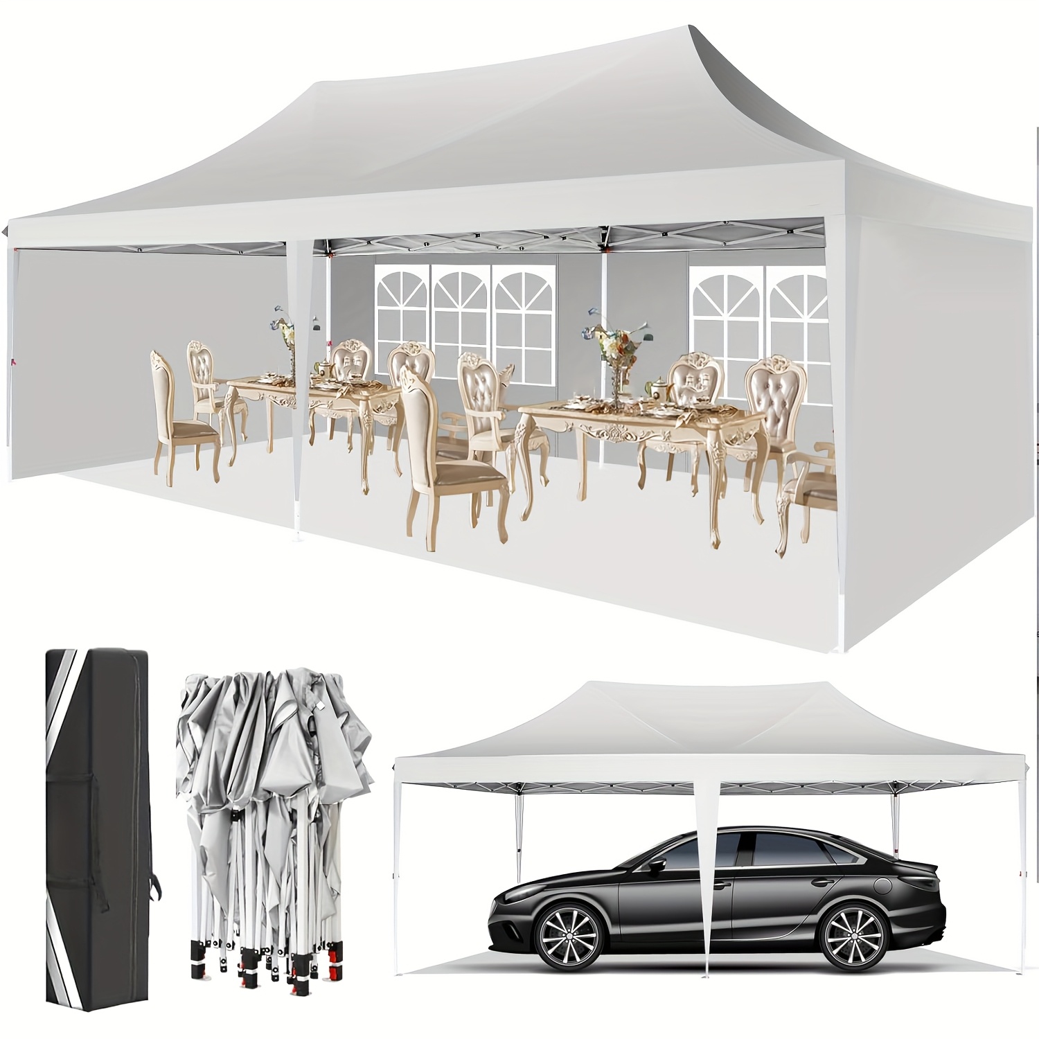 TEMU Tente pliante 3x6m avec 6 parois latérales, UV50+ et haute, pour et fêtes, réglage de hauteur à 3 niveaux, inclut sac de rangement en Oxford