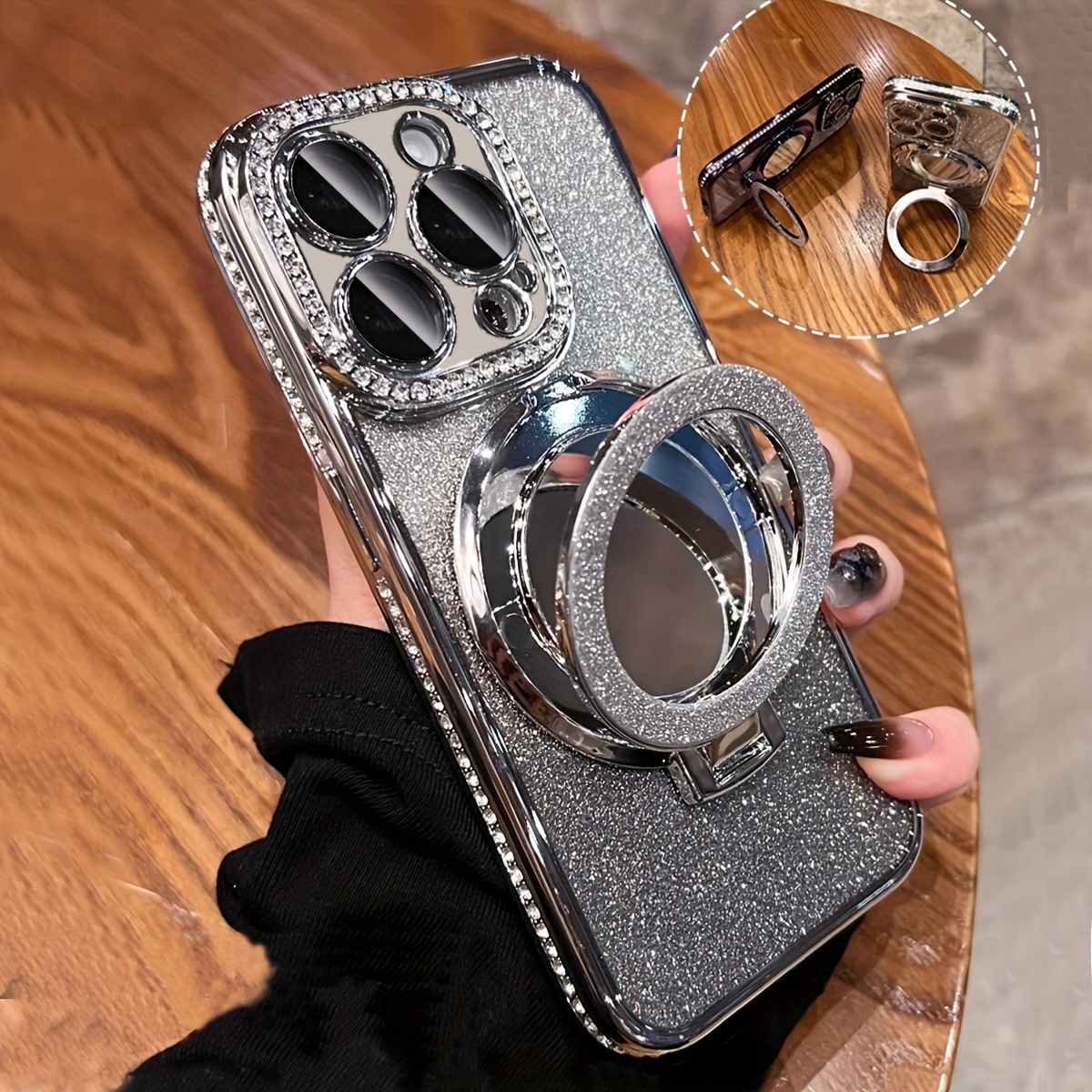 

Silvery-edged Artificial Diamond + Glitter Paper + Mirror Stand For Iphone