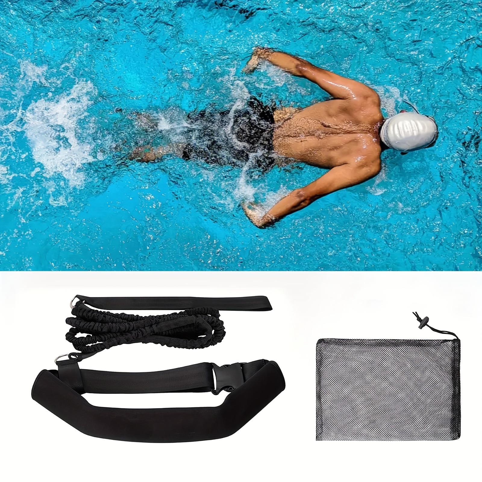 Black Swimming Training Belt, Elastic Stretch 2-3.5m Swimming Tether, Swim In Harness Stationary Swimming Aquatic Resistance Belt, Strength & Agility Enhancer Stationary In A Pool Swimming Water