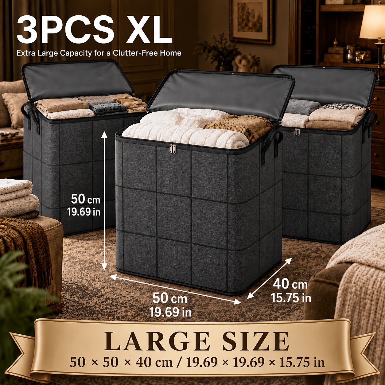 TEMU 3-pack Large Clothes Storage Bags, Foldable Wardrobe Storage Bag, Large Capacity Storage Box, Household Double Zipper Organizer Bag With Handles