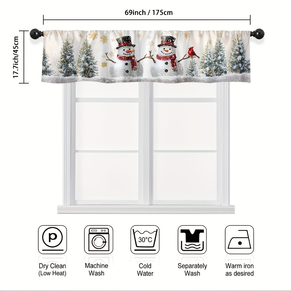 TEMU 1pc Christmas Snowman Scene Curtain - Festive Snowmen & Birds Winter Design, Durable 100% Polyester With Rod Pocket For , Light Filtering