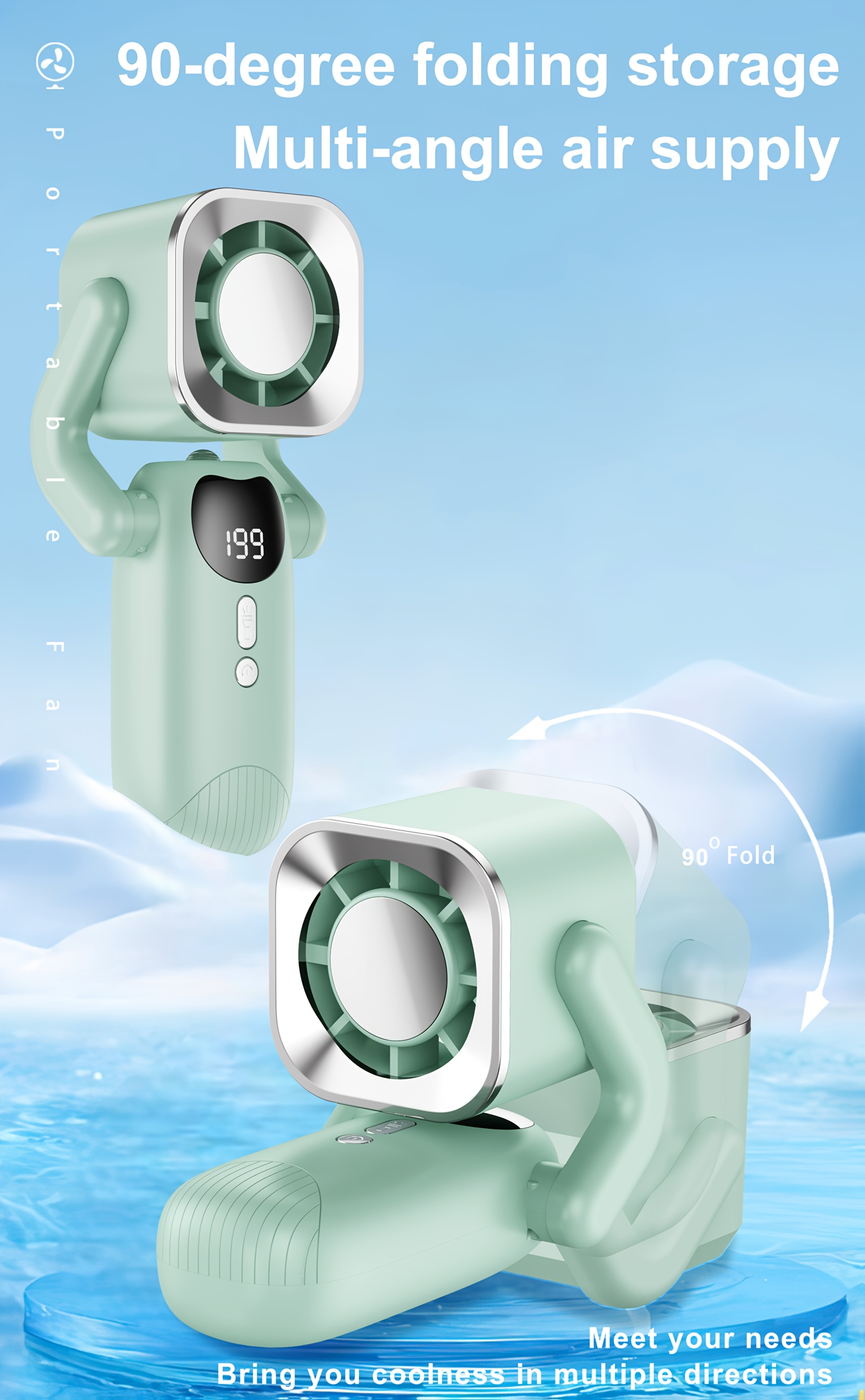 A Foldable Digital Display Ice-Cooling Fan, -Powered, Essential for Outdoor Work And Students. This Compact Fan Features a Large 4000Mah Battery for Long-Lasting Use