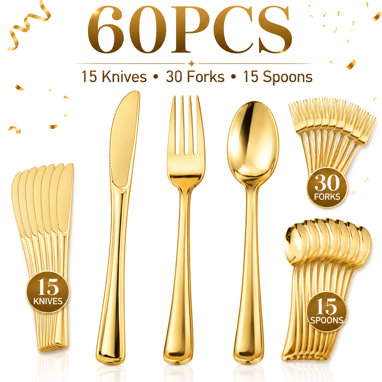 TEMU 60pcs Golden Plastic Cutlery Set, Disposable Utensils, Heavy-duty Cutlery Set: 30 Forks, 15 Spoons, 15 Knives, Perfect For Parties, Christmas,