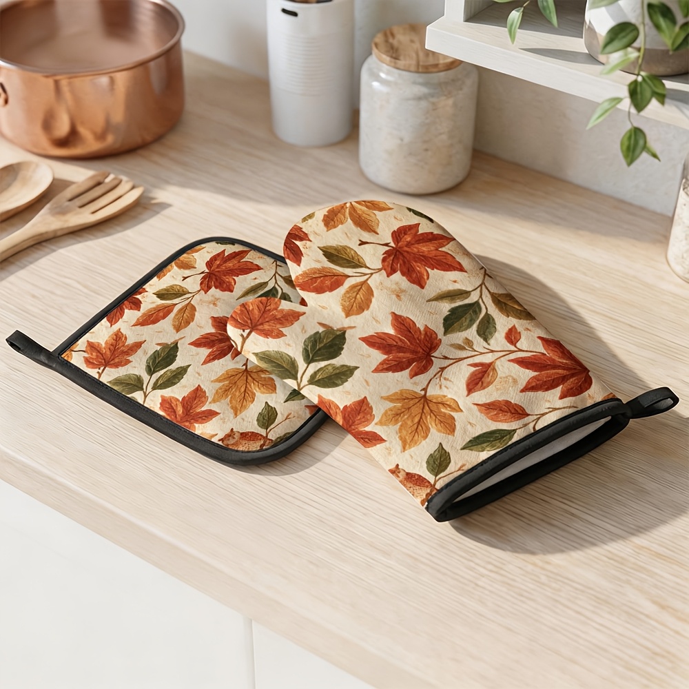 TEMU 2pcs Oven Mitt And Pot Holder Set - Heat-resistant Kitchen Gloves & Pot Holders With Autumn Maple Leaf, Machine Washable Suitable For Baking,