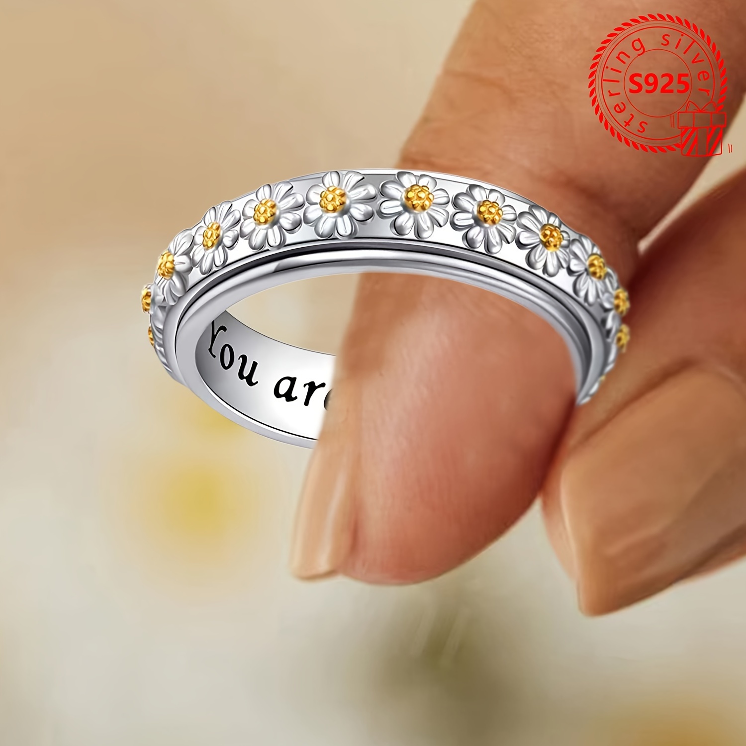 

Elegant Boho Style 4g S925 Silver Ring With Daisy , Engraved 'you Are My Sunshine' , Simple No-mosaic Jewelry, Ideal For Gift- And All