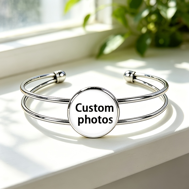 TEMU 1pc Adjustable Open Bangle Round Time Gemstone Inlaid Classic Versatile Bangle, Customization For Any Picture, Custom Family, Friend, , Couple