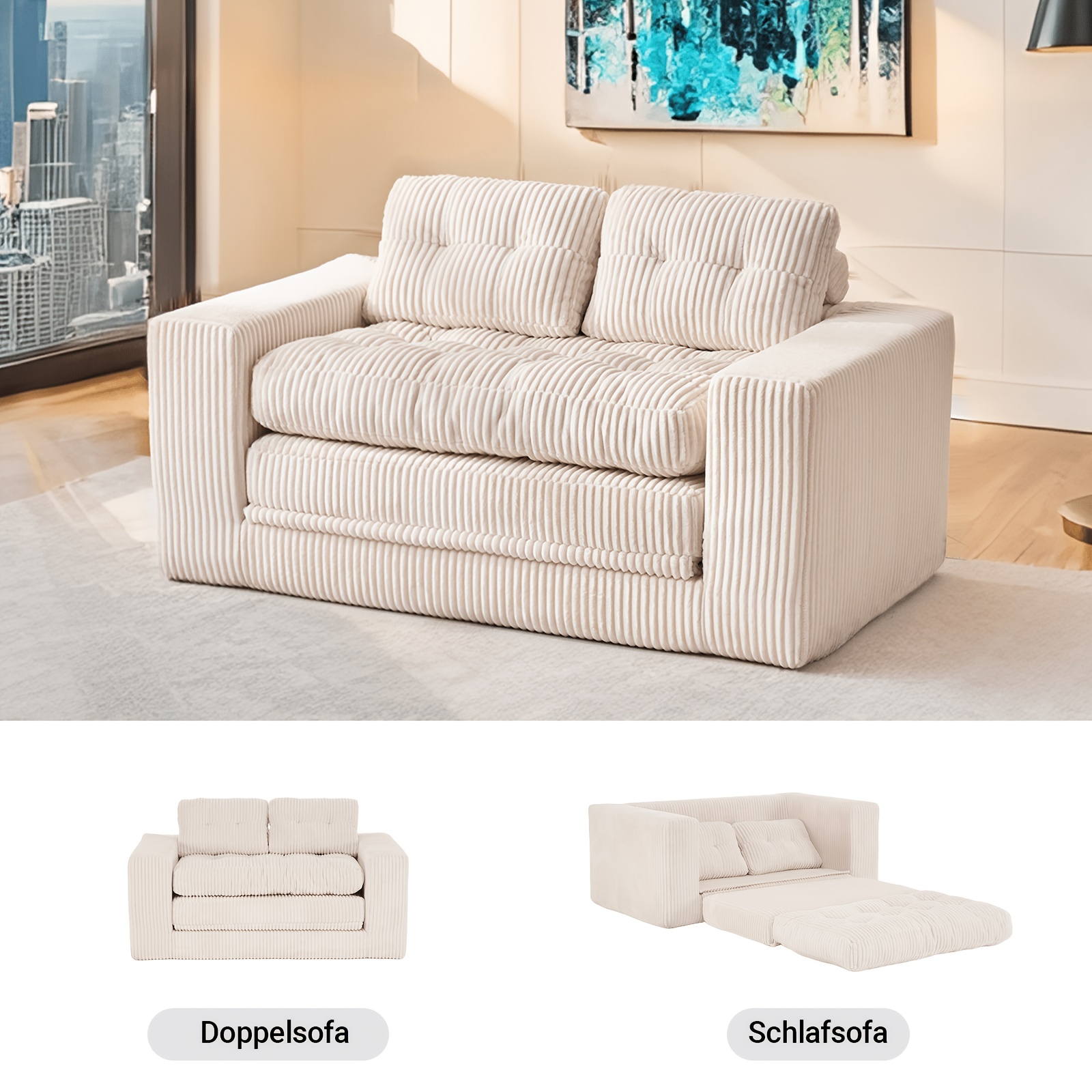 Two-seater Sleeper Sofa With Memory Foam-no , 2-in-1 Function, Corduroy Cover-compact Sofa For Small Rooms, Apartments, Home Offices And Bedrooms