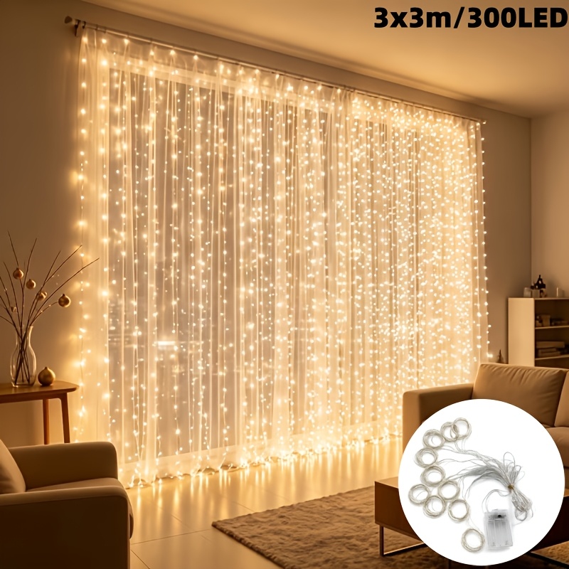 TEMU Cortina de luces de cadena de 300 LED de 118x118 pulgadas, 8 de iluminación intermitente, funciona con pilas, decoración para interior y