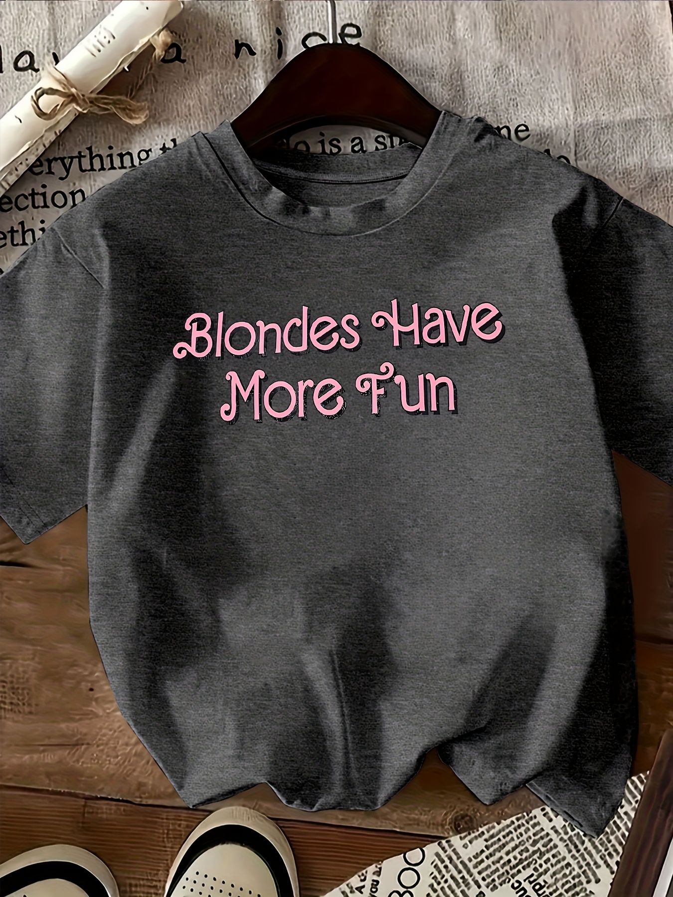 womens blondes   fun graphic tee casual crew neck short sleeve top black with pink lettering   spring summer