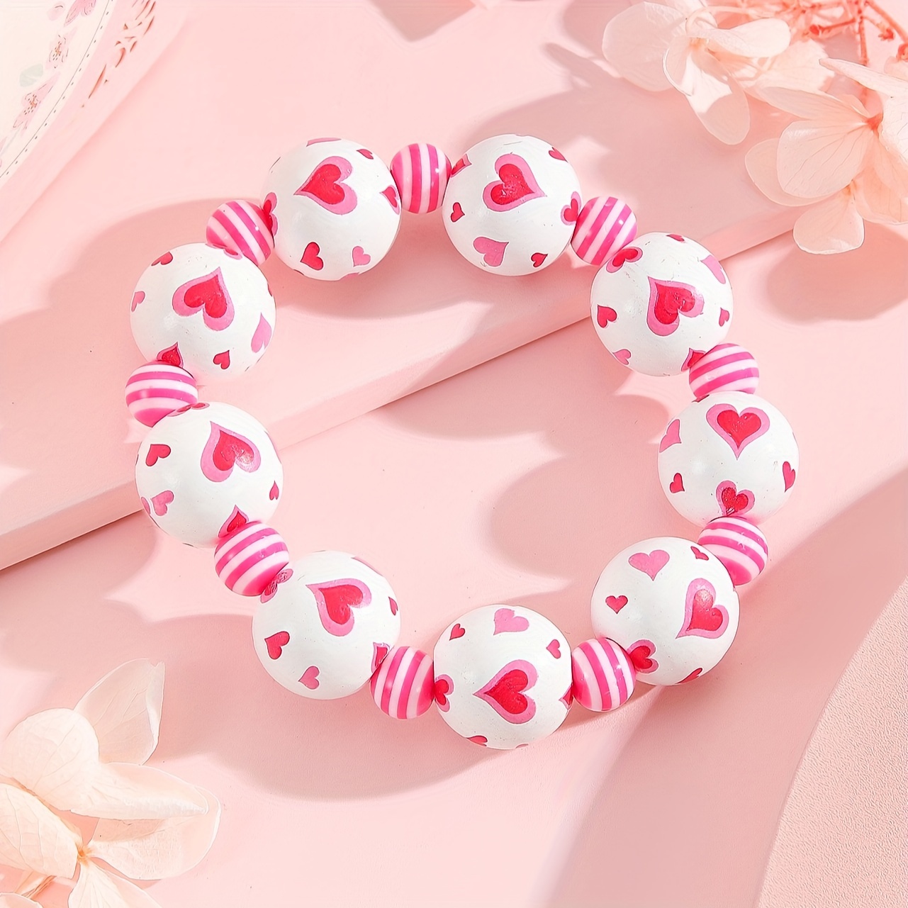 Valentine's Heart Shaped Beaded Elastic Bracelet for Women