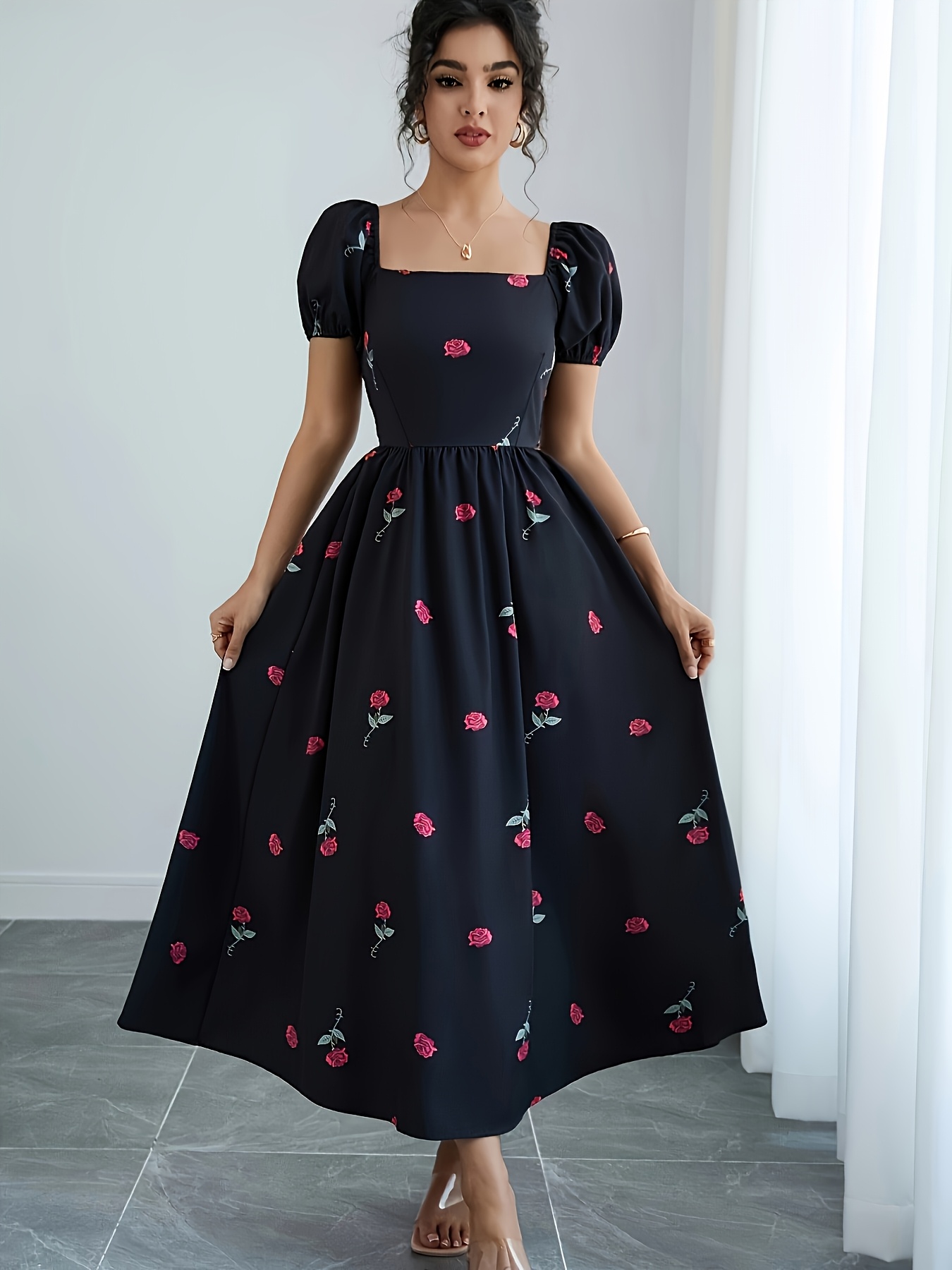 elegant womens red rose neckline puff sleeve - Temu