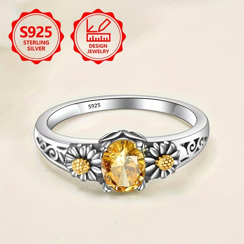 TEMU Women's S925 Silver-yellow Synthetic Zirconia Ring, Elegant, Fashionable And Daisy Inlaid With Synthetic Zirconia, Suitable For Proposals,