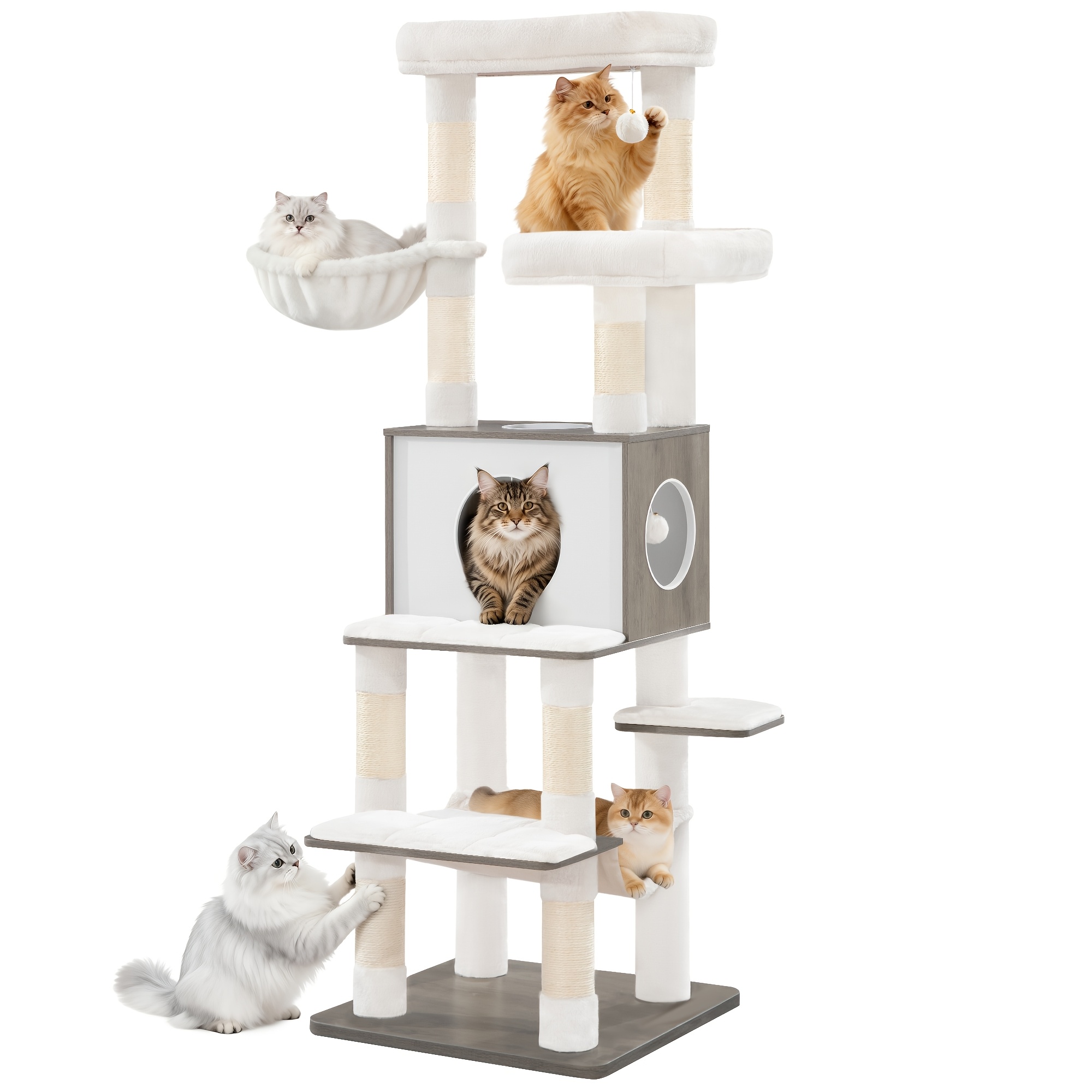 Large Cat Tree, Modern Cat Tree, 166cm Tall, With 8 Scratching Posts, Removable Washable Mat, 1 Cave, 2 Platforms, 1 Basket, Pom-poms, Light Ivory
