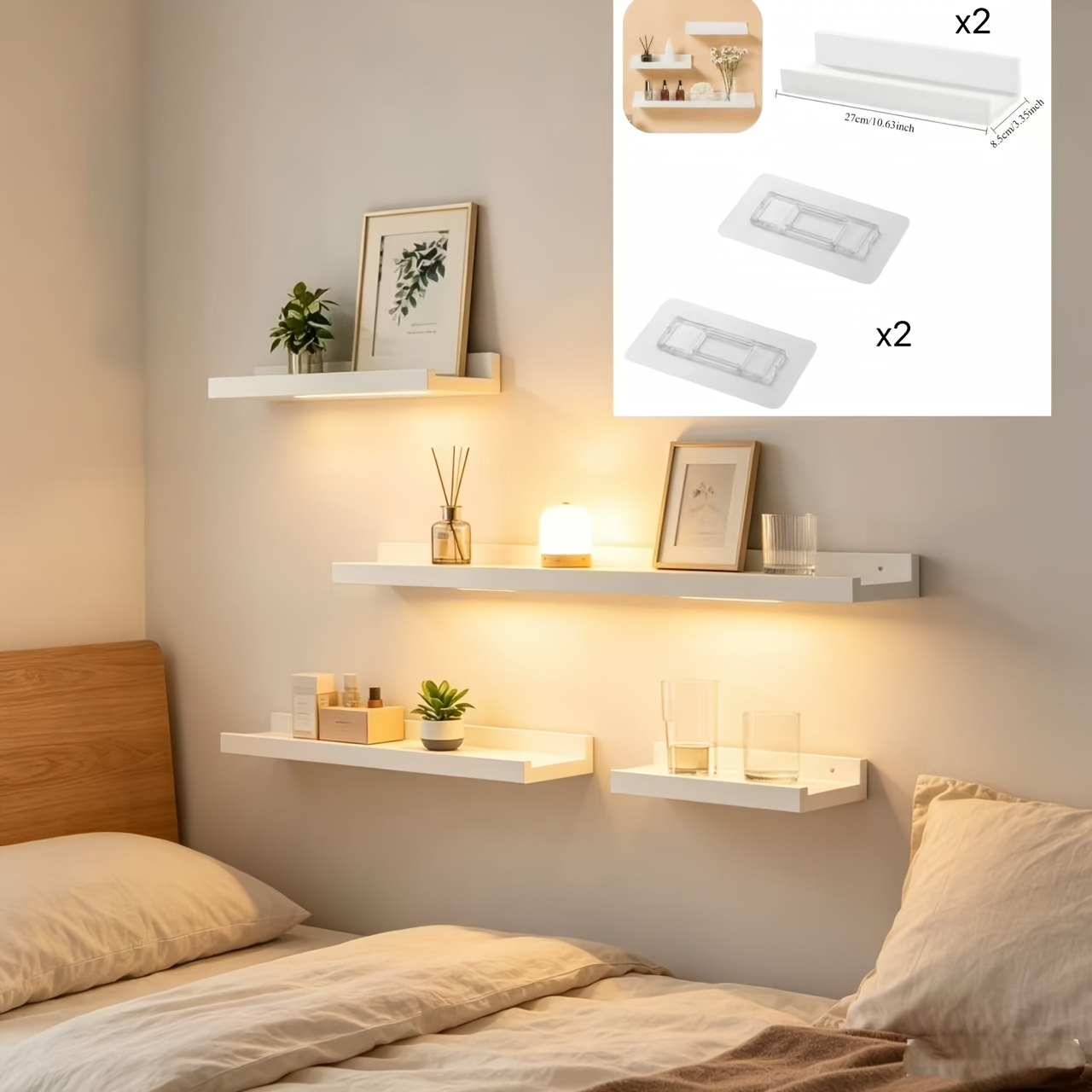 TEMU 4pcs Wall-mounted Floating Shelves (2pcs Shelves And 2pcs Hooks) | No-drill Seamless Wall-mounted Storage Rack | Oblong Design | Suitable For