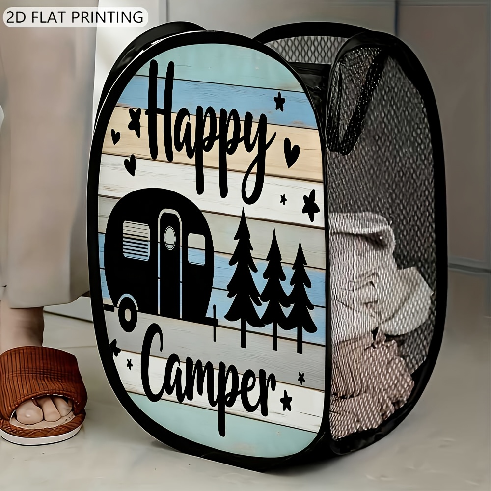 1pc Pop-up Laundry Hamper, Camping Pattern Foldable Mesh Collapsible Storage Basket, Suitable For Bathroom And Bedroom Organization, Space- Storage For Clothes, Laundry Baskets